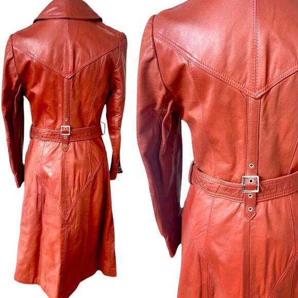 70'S VINTAGE RARE RUST‎ BURNT ORANGE BUCKLE TRENCH COAT JACKET S/M - Picture 5 of 7